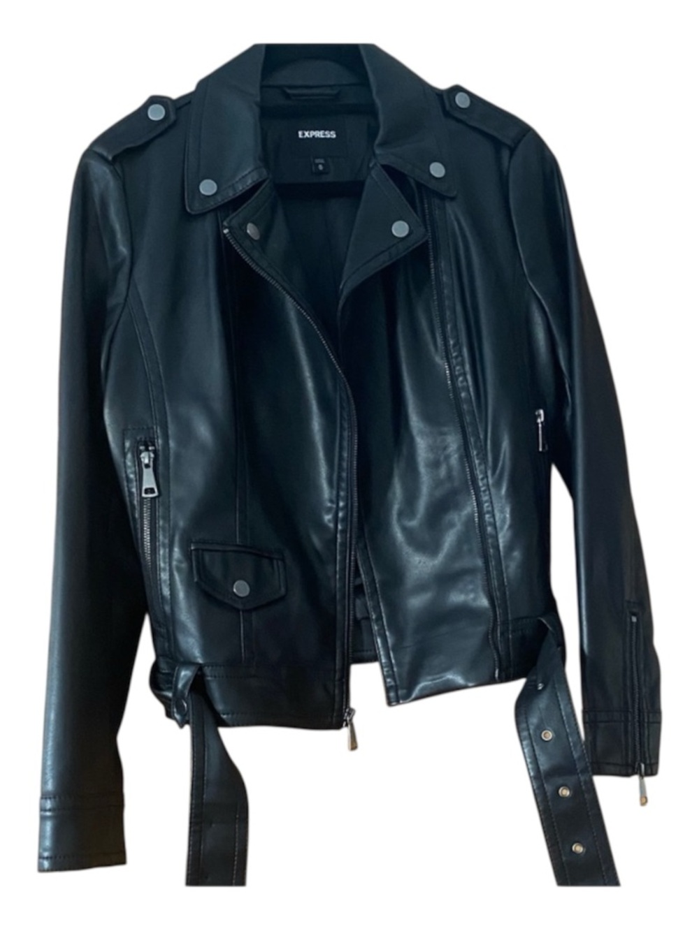 Express Black Faux Leather Moto Jacket Belted Biker Zip Women’s Medium Vegan